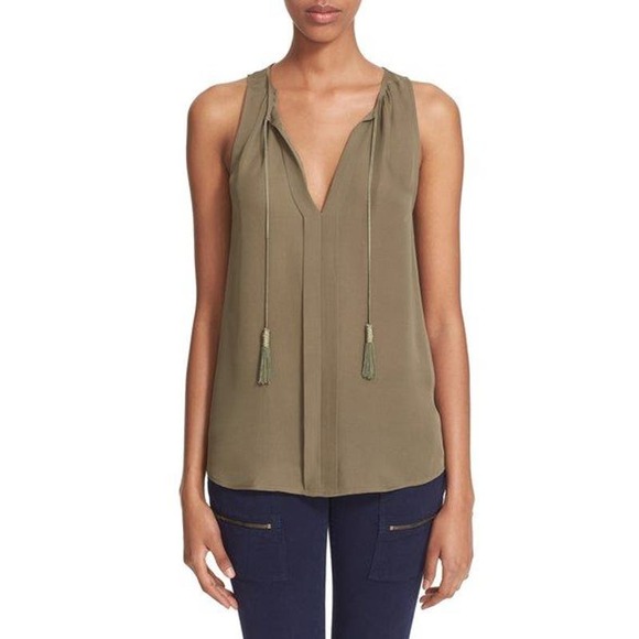 Joie Airlan Tank Top Sz XS Silk Tassel Sleeveless Blouse Olive Army Green Sheer - Picture 5 of 16